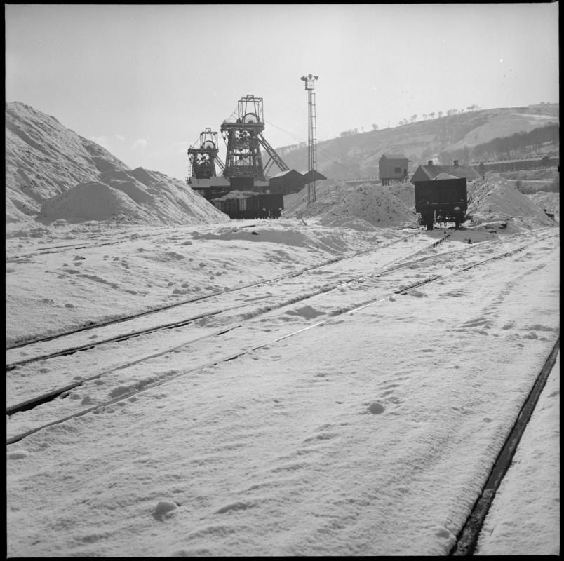 Black and white film negative showing a surface view of Merthyr Vale Colliery.  &#039;Merthyr Vale&#039; is transcribed from original negative bag.