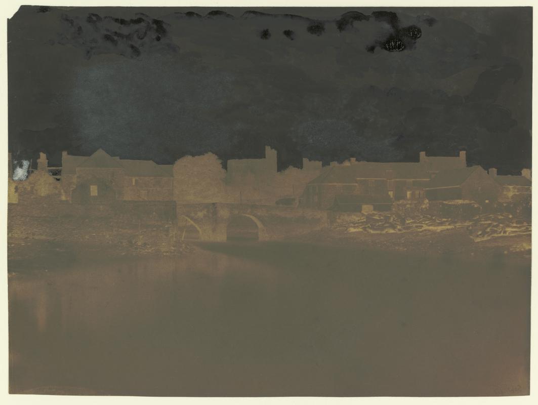 Wax paper calotype negative. Village of Kidwelly - Castle in distance