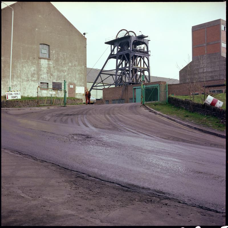 Colour film negative showing a view of the headgear, Cwm Colliery April 1981. &#039;Cwm 4/81&#039; is transcribed from original negative bag.