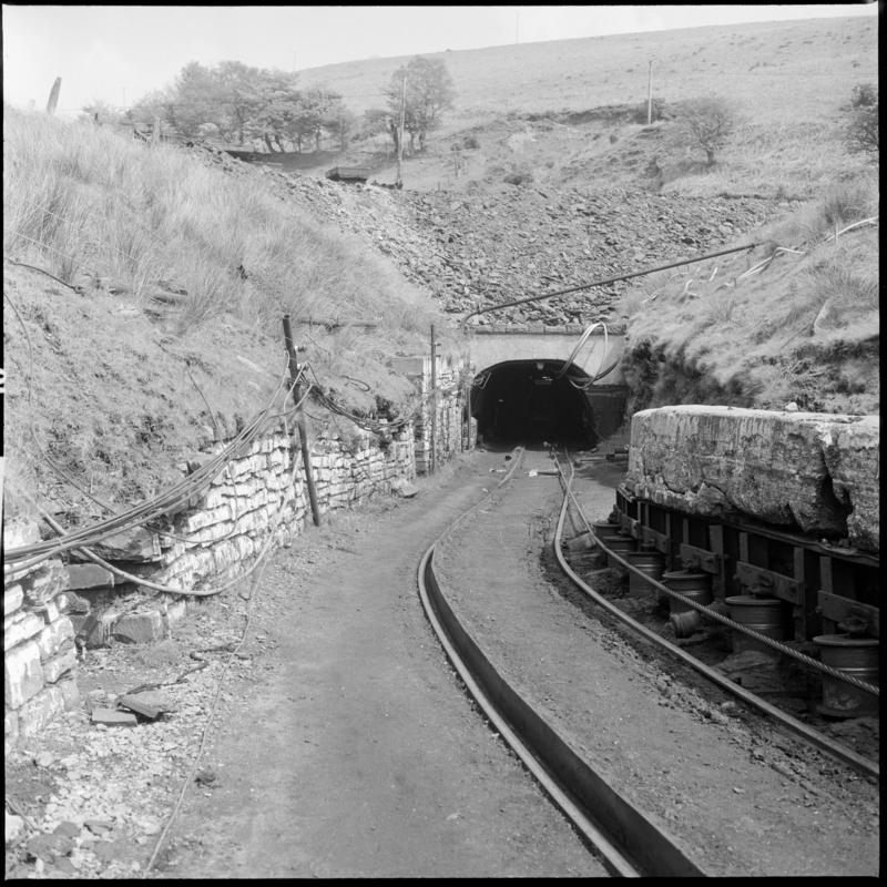 Black and white film negative showing the entrance to the drift mine, Graig Merthyr Colliery.