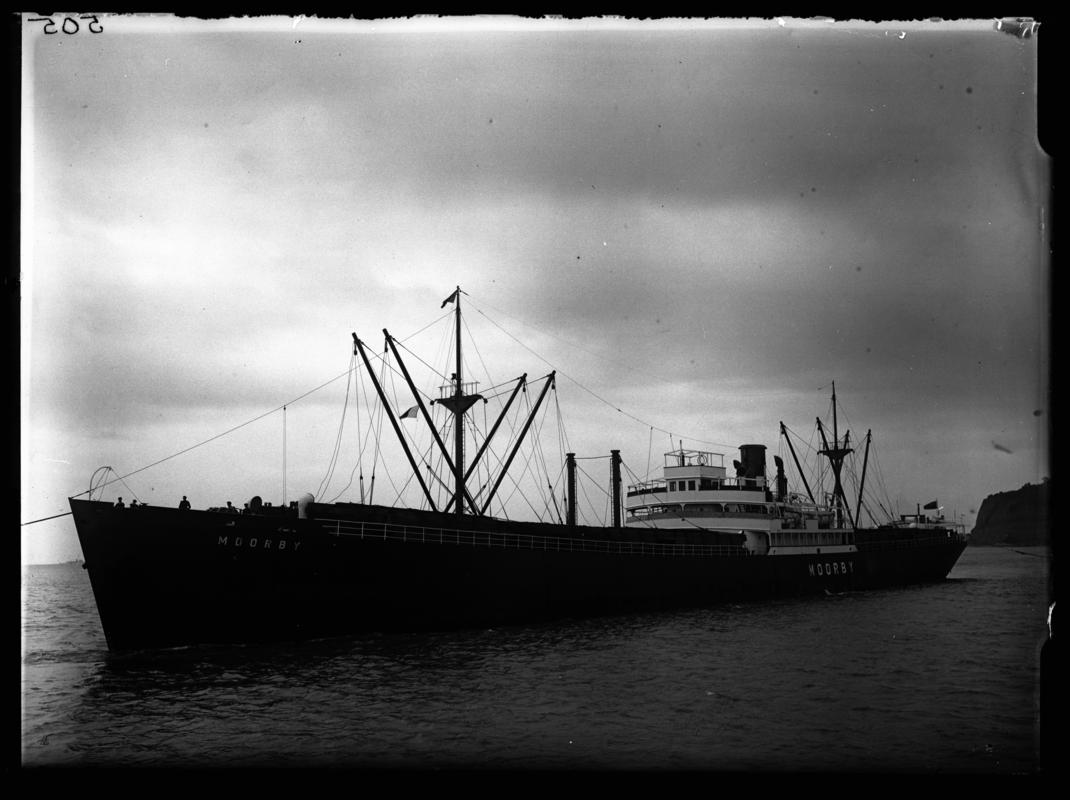 3/4 port bow view of M.V. MOORBY at Penarth Head, c.1936