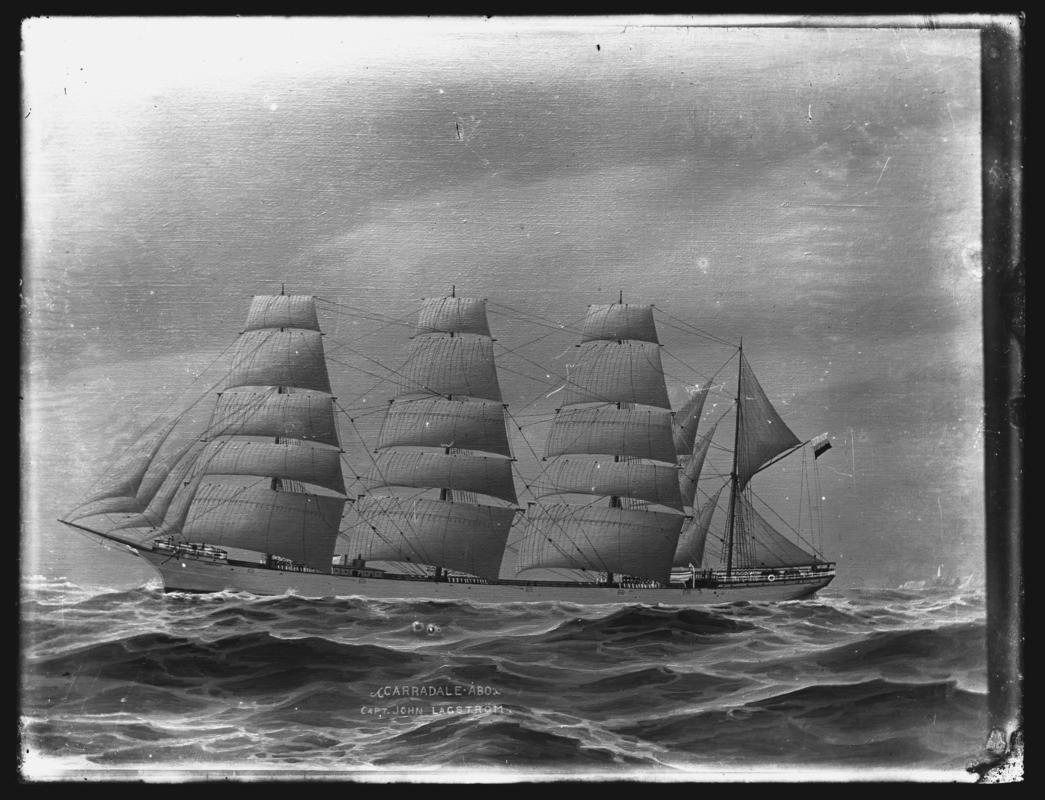 Photograph of painting showing a port broadside view of the four-masted barque CARRADALE.  Title of painting - &#039;CARRADALE. ABO / CAPT. JOHN LAGSTROM&#039;.