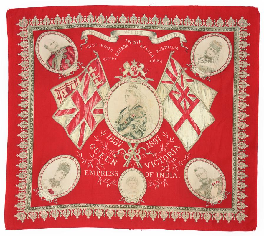 Printed handkerchief commemorating Queen Victoria&#039;s Diamond Jubilee, 1897.