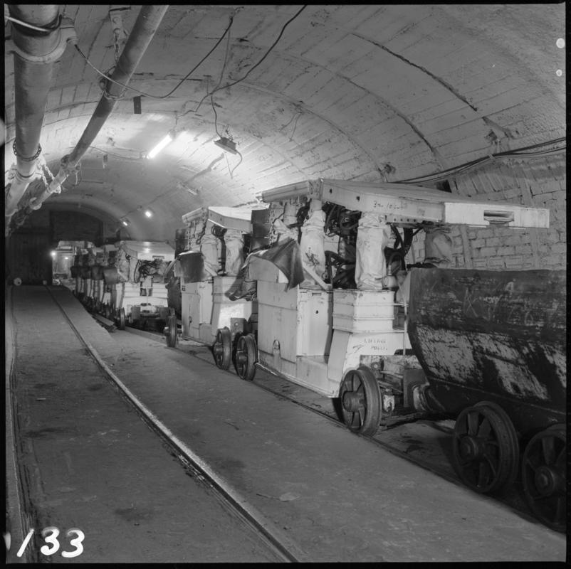 Black and white film negative showing reconditioned Gullick Dobson chocks waiting to be taken inbye, Nantgarw Colliery 1977.  &#039;Nantgarw&#039; is transcribed from original negative bag.  Appears to be identical to 2009.3/95.
