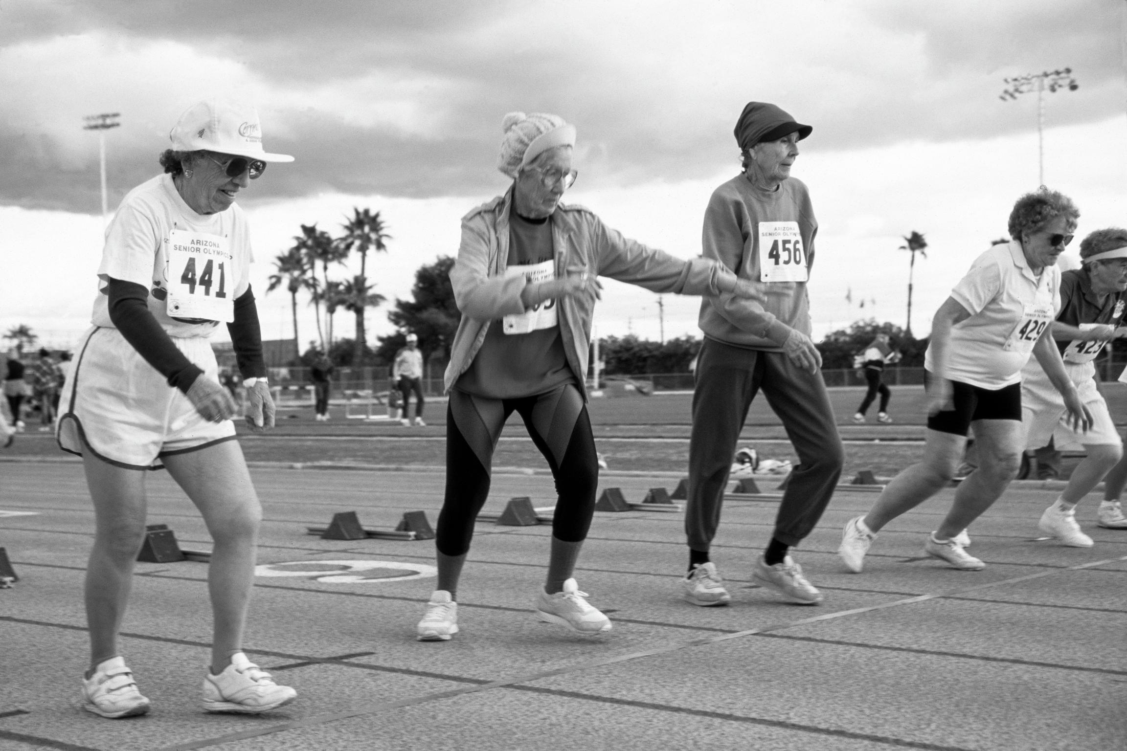 Senior Olympics. Women runners at the start of a race during the track day at the Olympics. Phoenix, Arizona USA