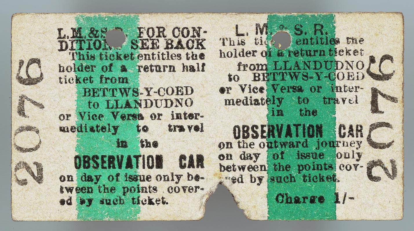 L.M. &amp; S.R. ticket from Bettws-y-Coed to Llandudno and return in the observation car. Ticket no. &#039;2076&#039;.