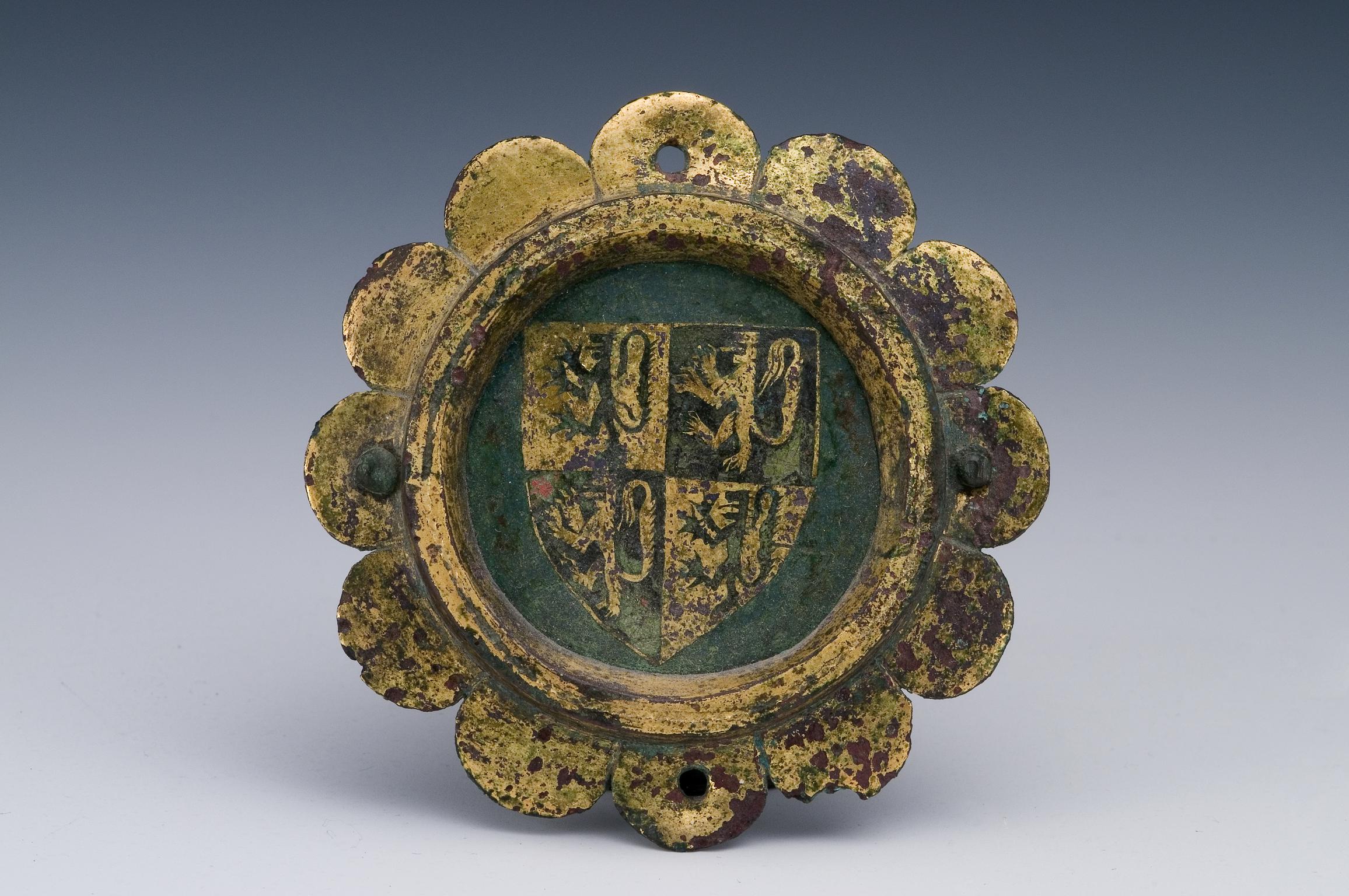 Medieval copper alloy armorial mount