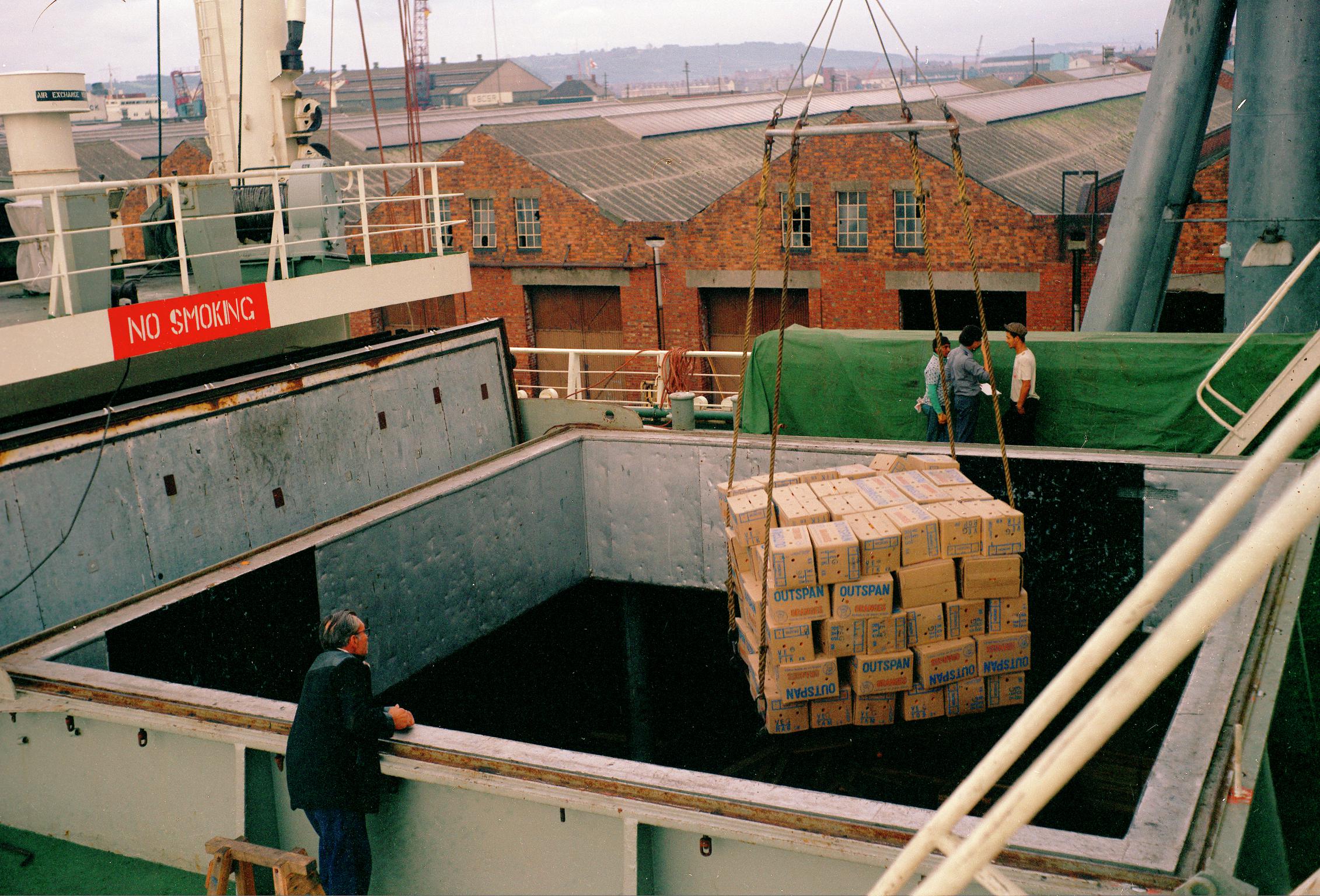 Importing fruit, Cardiff Docks, film negative