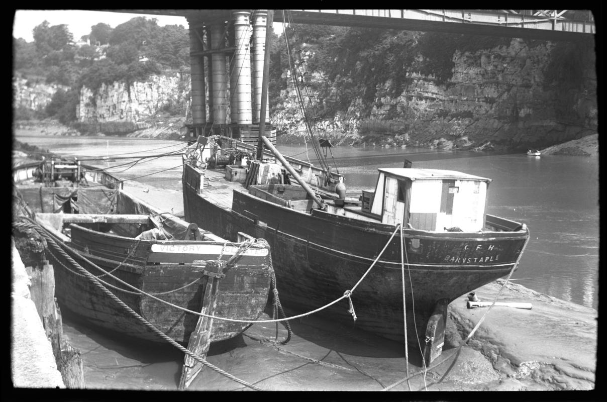 Stern view of ketch C.F.H. as a motor-barge, moored at Chepstow alongside former severn trow VICTORY, 21st June 1953.