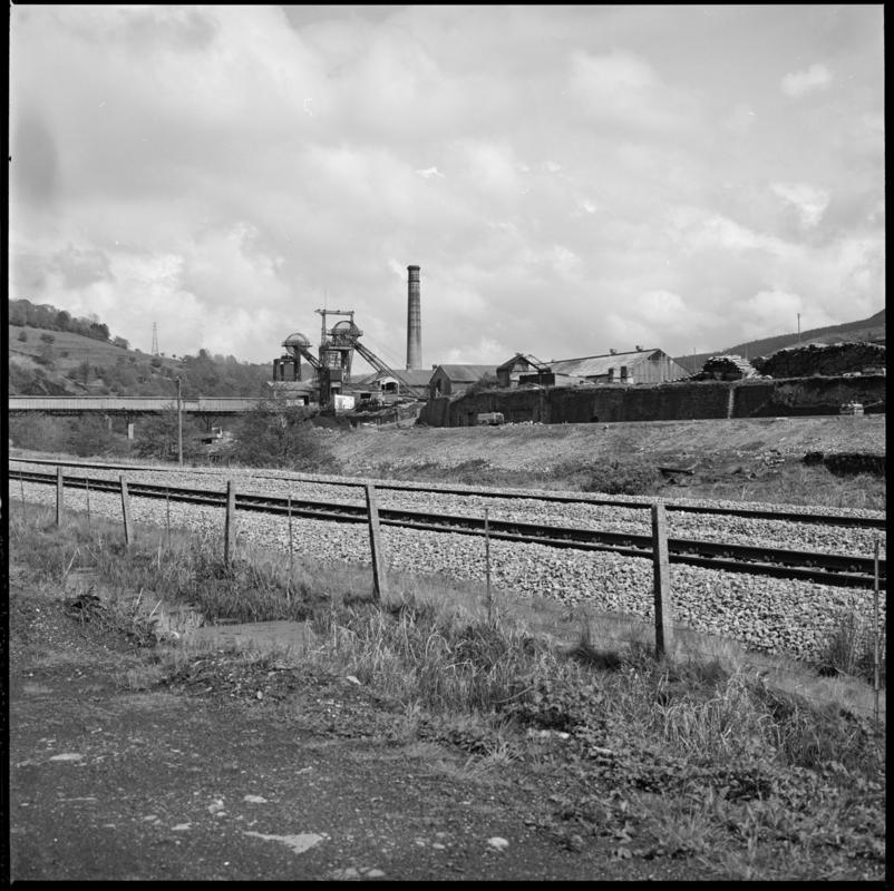 Black and white film negative showing a view towards Lewis Merthyr Colliery.