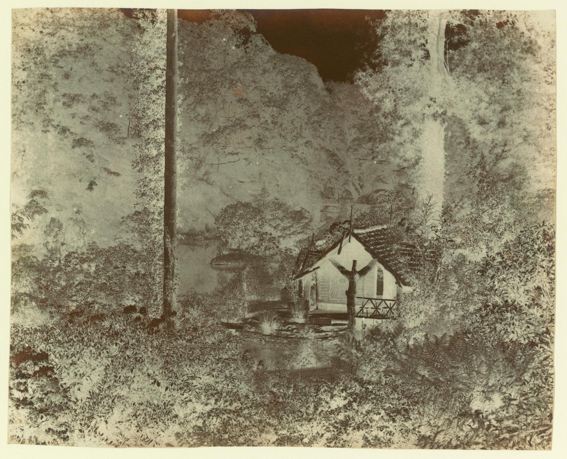 Penllergare, shanty on upper lake, paper negative