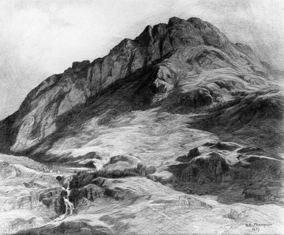 Photographs of drawings by M.E. Thompson in album