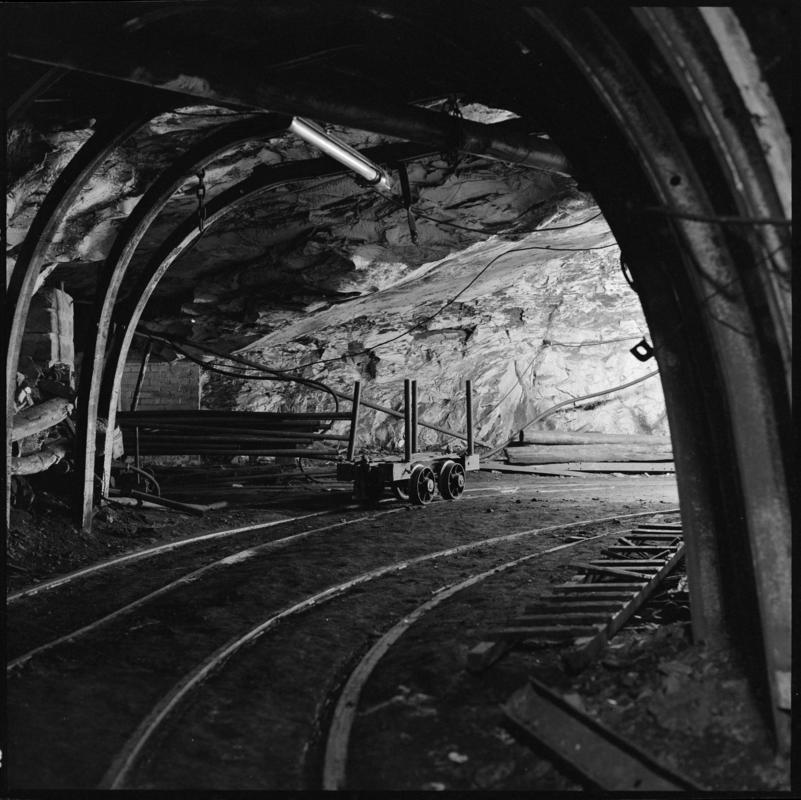 Black and white film negative showing an underground roadway, Morlais Colliery.  Appears to be identical to 2009.3/2756.