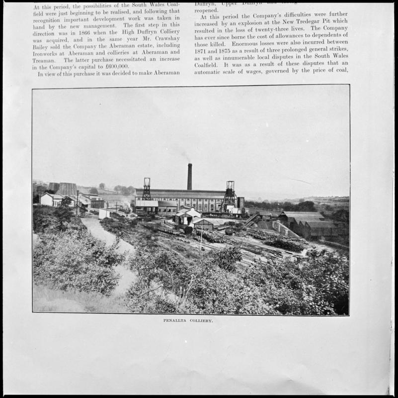 Black and white film negative showing a general surface view of Penallta Colliery, photographed from a publication.  &#039;Penallta Colliery&#039; is transcribed from original negative bag.