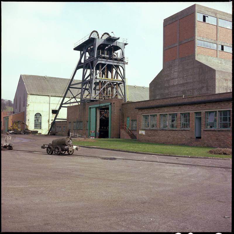 Colour film negative showing a view of the headgear, Cwm Colliery April 1981. &#039;Cwm 4/81&#039; is transcribed from original negative bag.