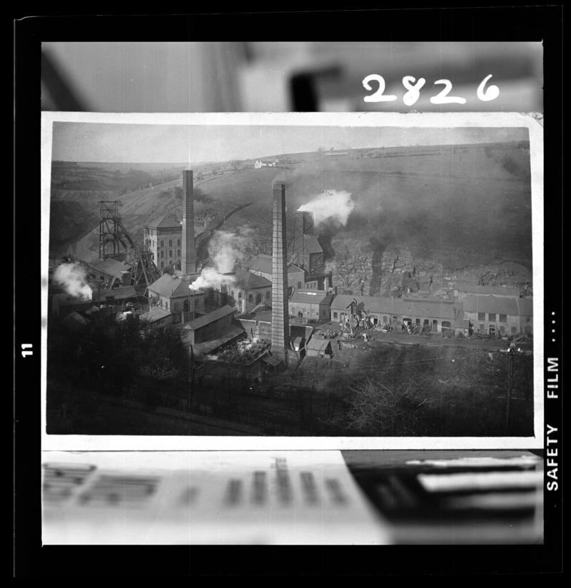 Black and white film negative of a photograph showing a surface view of Tirpentwys Colliery.