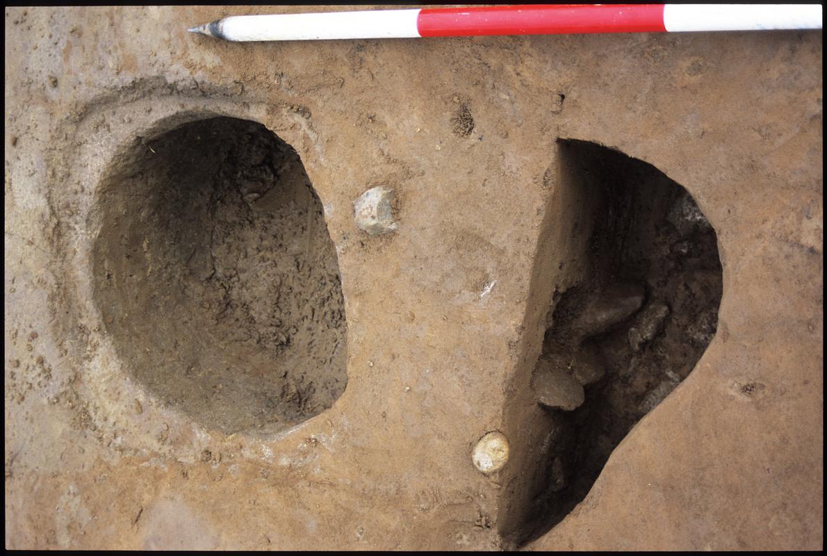 Burry Holms, Gower. 2001 Trench 4. Pit 142 half sectioned with Pit 127 beyond. Looking south.