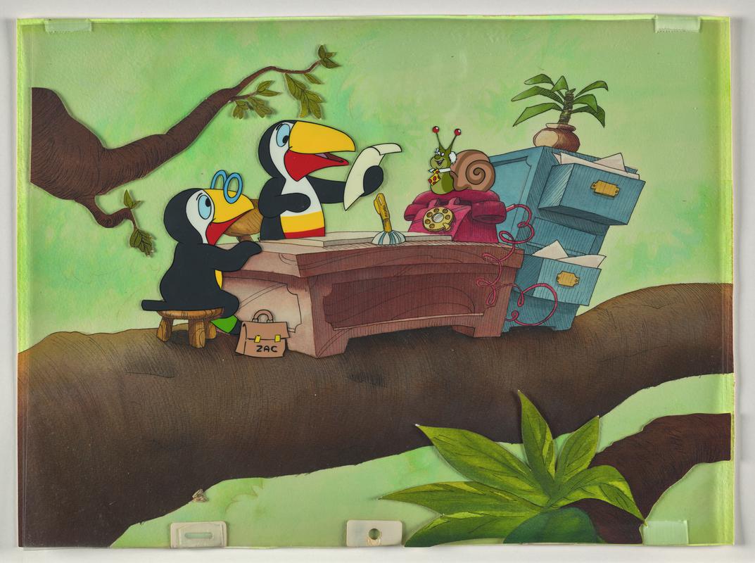Toucan Tecs animation production artwork showing the characters Zippi and Zac. Card background overlaid with two sheets of cellulose acetate.