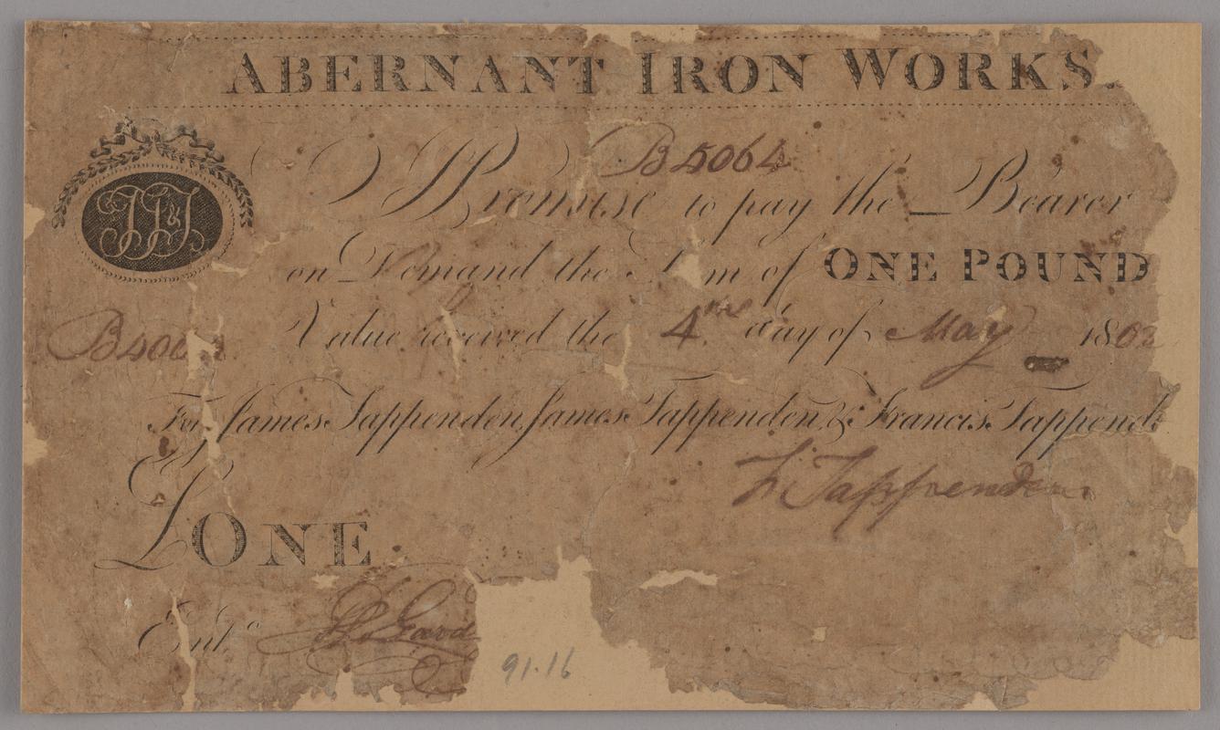 Abernant Ironworks one pound bank note, 1802