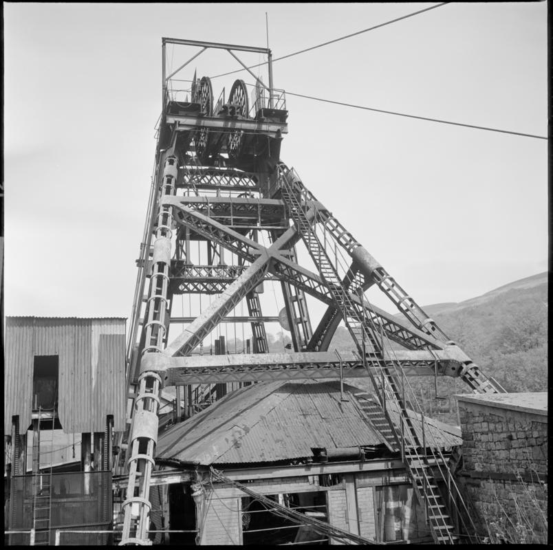 Black and white film negative of a photograph showing the downcast headgear, Deep Duffryn Colliery 19 May 1977.  &#039;Deep Dyffrun 19 May 1977&#039; is transcribed from original negative bag.