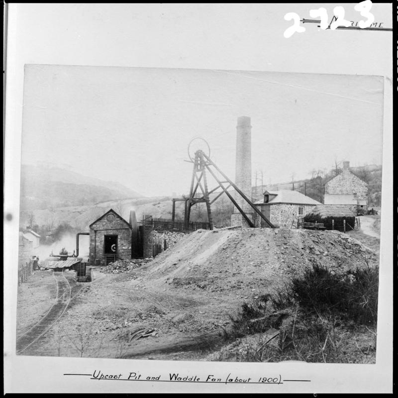Black and white film negative of a photograph showing the upcast pit and waddle fan, Maritime Colliery c.1900.  &#039;c1900 upcast Maritime&#039; is transcribed from original negative bag.
