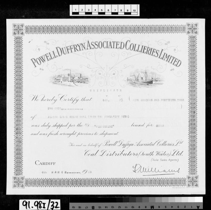 Lading certificate for Powell Duffryn Associated Collieries Limited