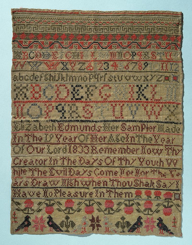 Sampler (alphabet, verse &amp; motifs), made in Lampeter, 1833