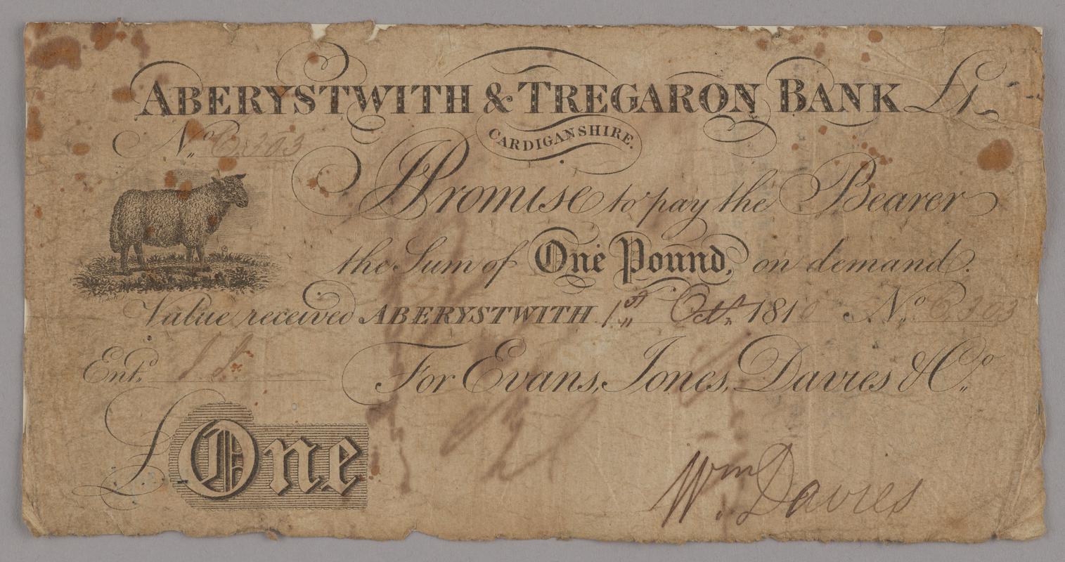Aberystwith &amp; Tregaron Bank one pound bank note, 1810