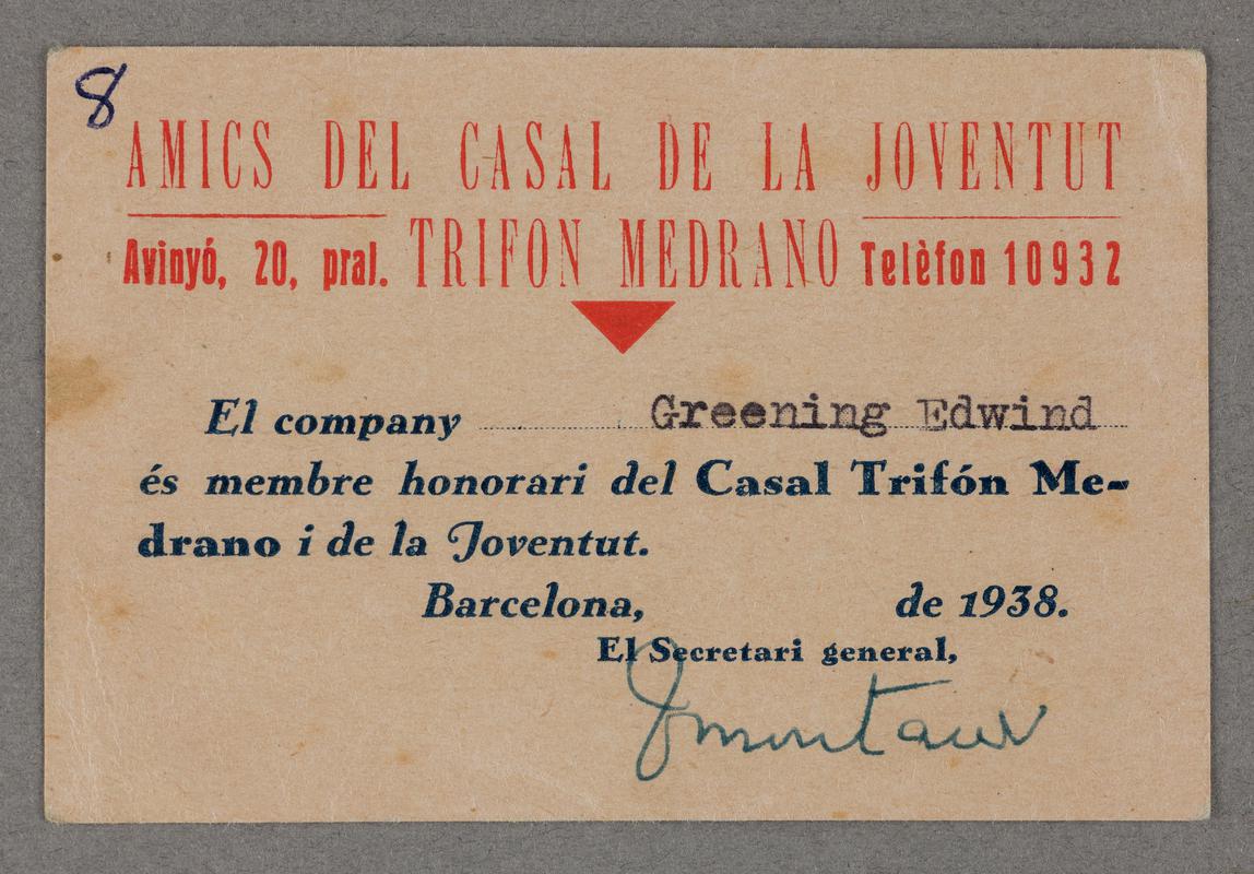 Membership card for Socialist youth association?? (needs translation). Red and blue print on card. Front