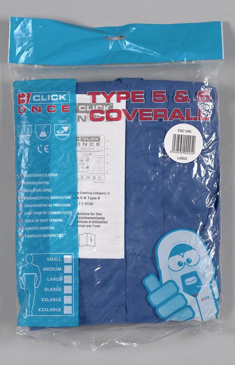 Blue &#039;Type 5 &amp; 6 Coverall&#039; overalls donated by a builders merchant to Tŷ Doctor. Unopened.