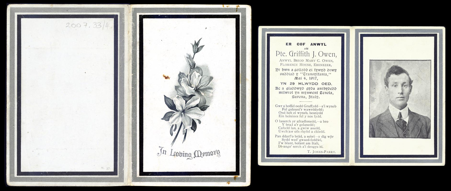 Memorial card for Pte. Griffith J. Owen who died during the First World War on 4th May 1917, aged 29, and buried in Zenola Cemetery, Savona, Italy (front &amp; Back)