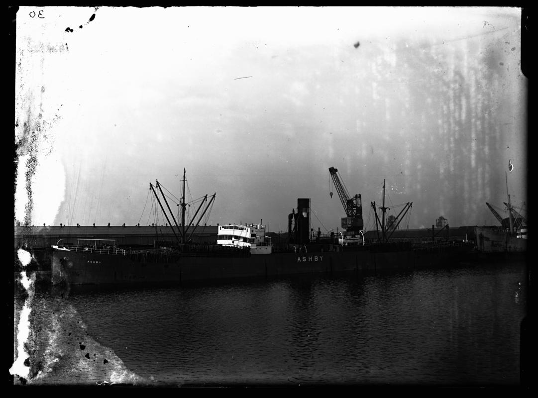 Port broadside view of S.S. ASHBY at Cardiff Docks, c.1936.