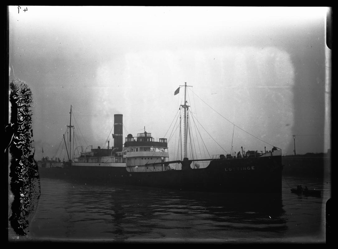 Starboard broadside view of S.S. LOTTINGE and waterman&#039;s boat, c.1936.