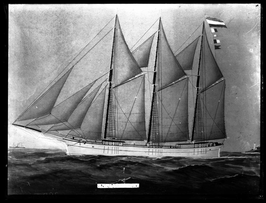 Photograph of a painting showing a port broadside view of the three-masted schooner PRAUGS.