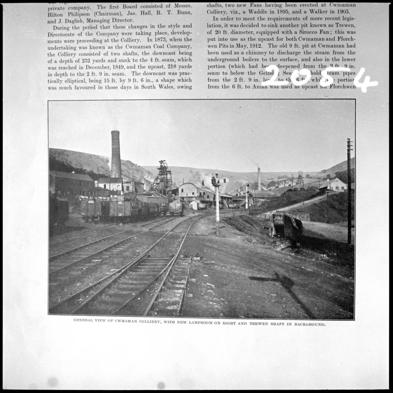Black and white film negative showing a general surface view of Cwmaman Colliery, photographed from a publication.  &#039;Cwmaman Colliery&#039; is transcribed from original negative bag.