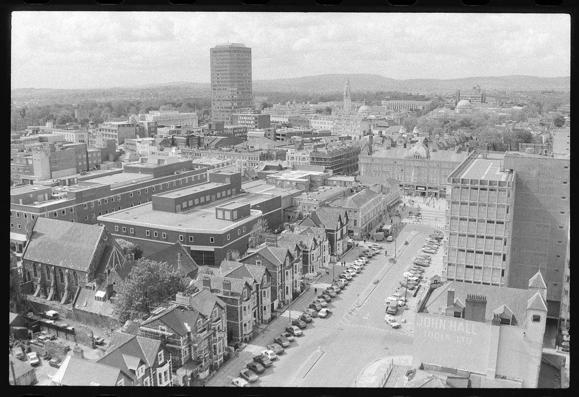 View from top of building on Churchill Way, looking north west, with Pearl House in background and Cathays Park.