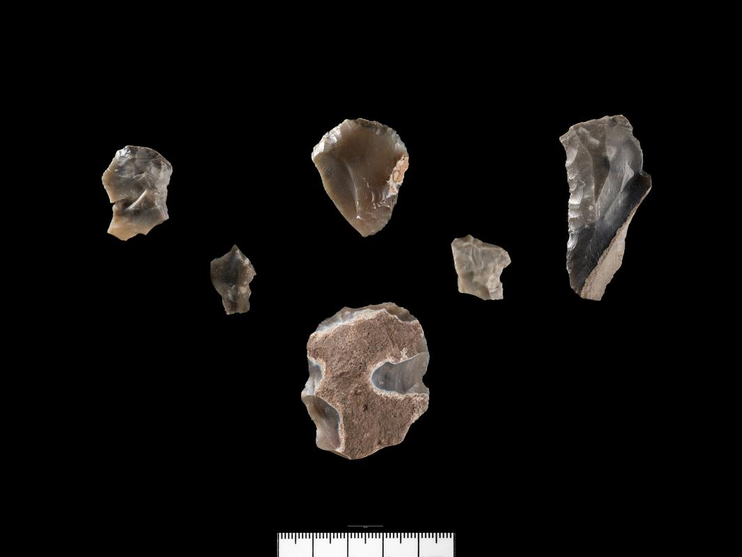 Prehistoric flint scraper and (5) Prehistoric flint tools