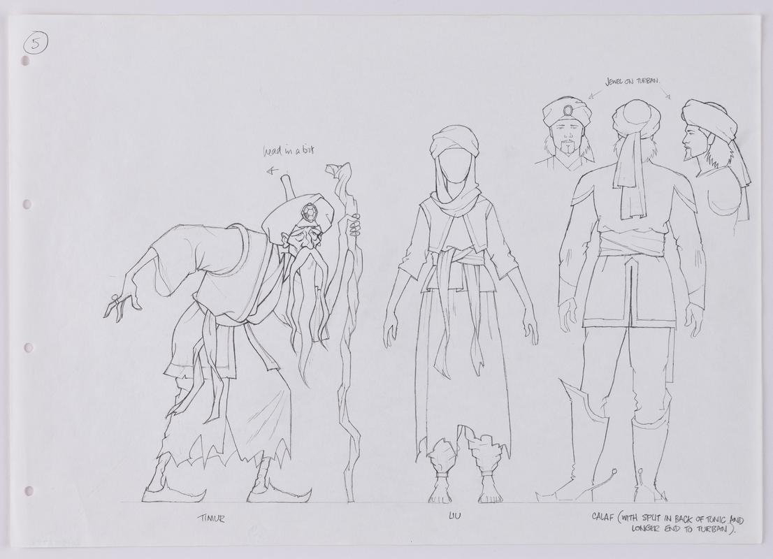 Turandot animation production sketch of the characters Timur, Liu and Calaf.
