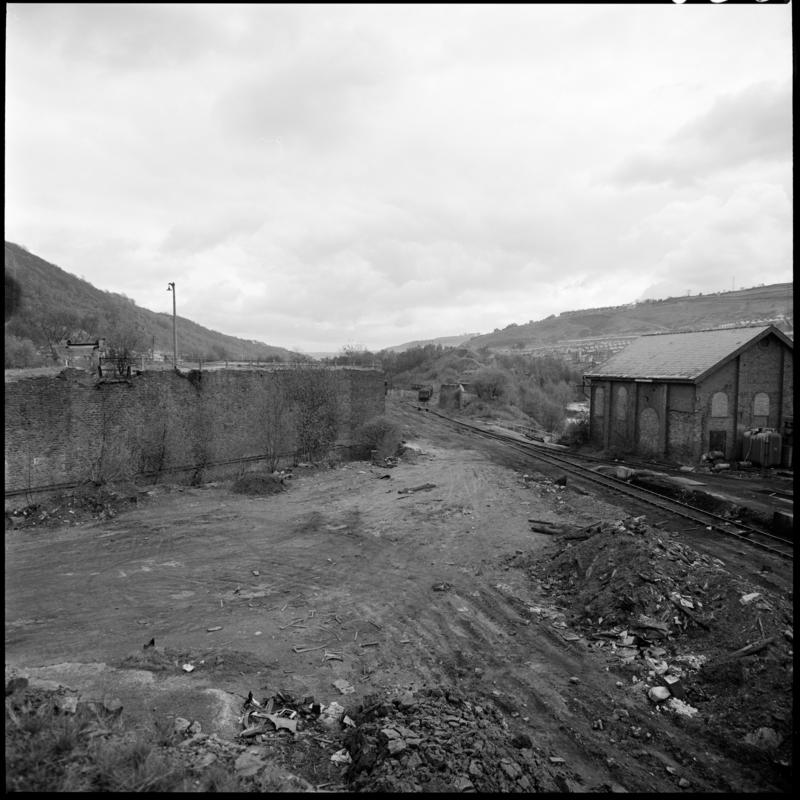 Black and white film negative showing the site of Abergorki Colliery, 22 April 1980.  &#039;Site of Abergorky 22/4/80&#039; is transcribed from original negative bag.