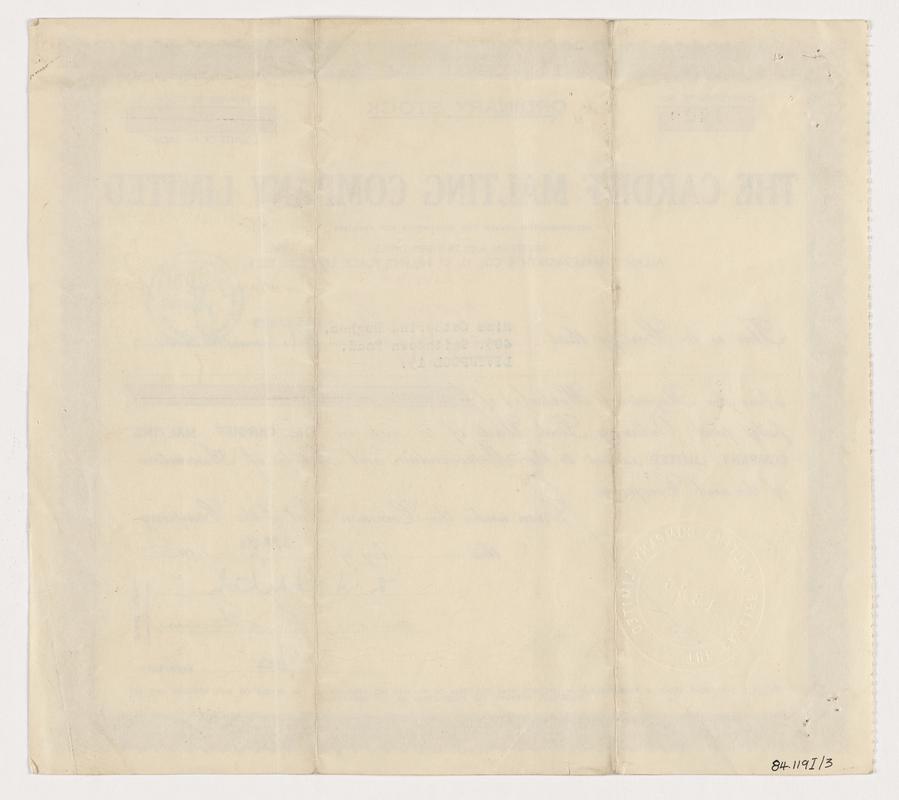 Cardiff Malting Company Limited, stock certificate