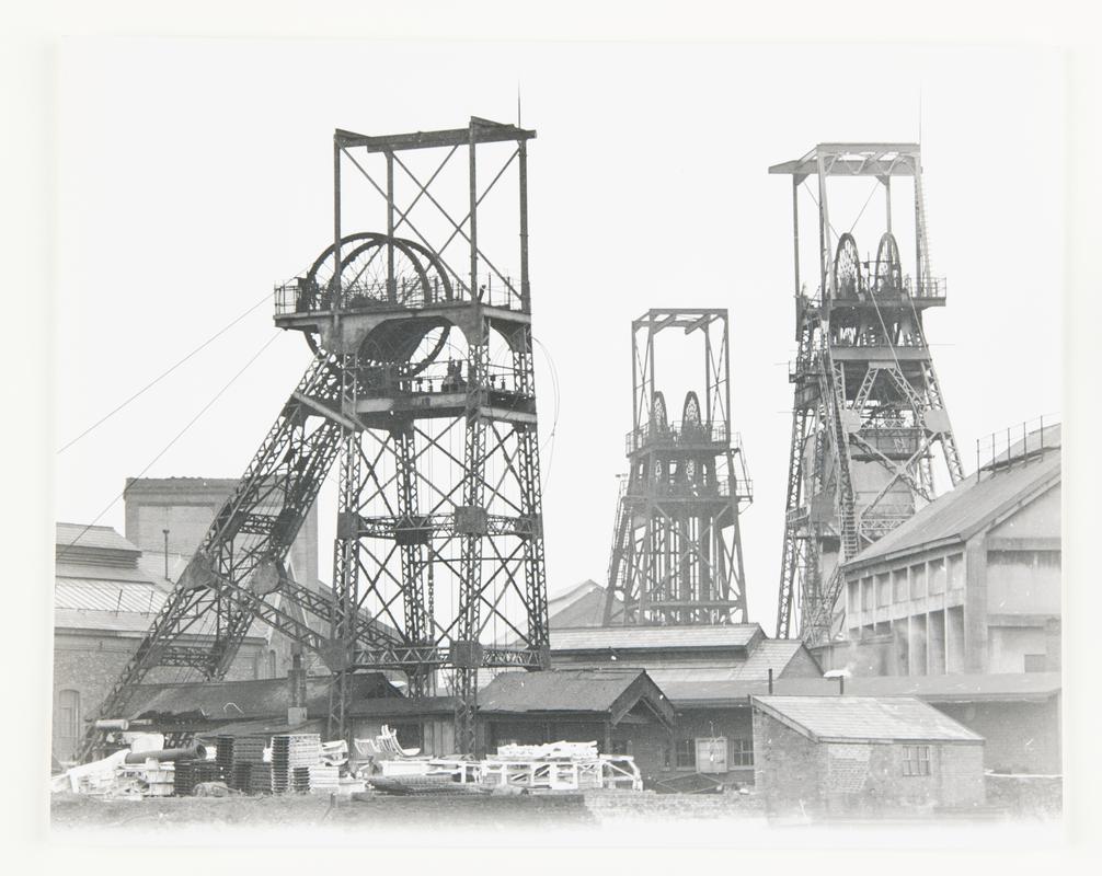 Three headframes, Oakdale Colliery.  Waterloo shaft headframe is in the foreground.