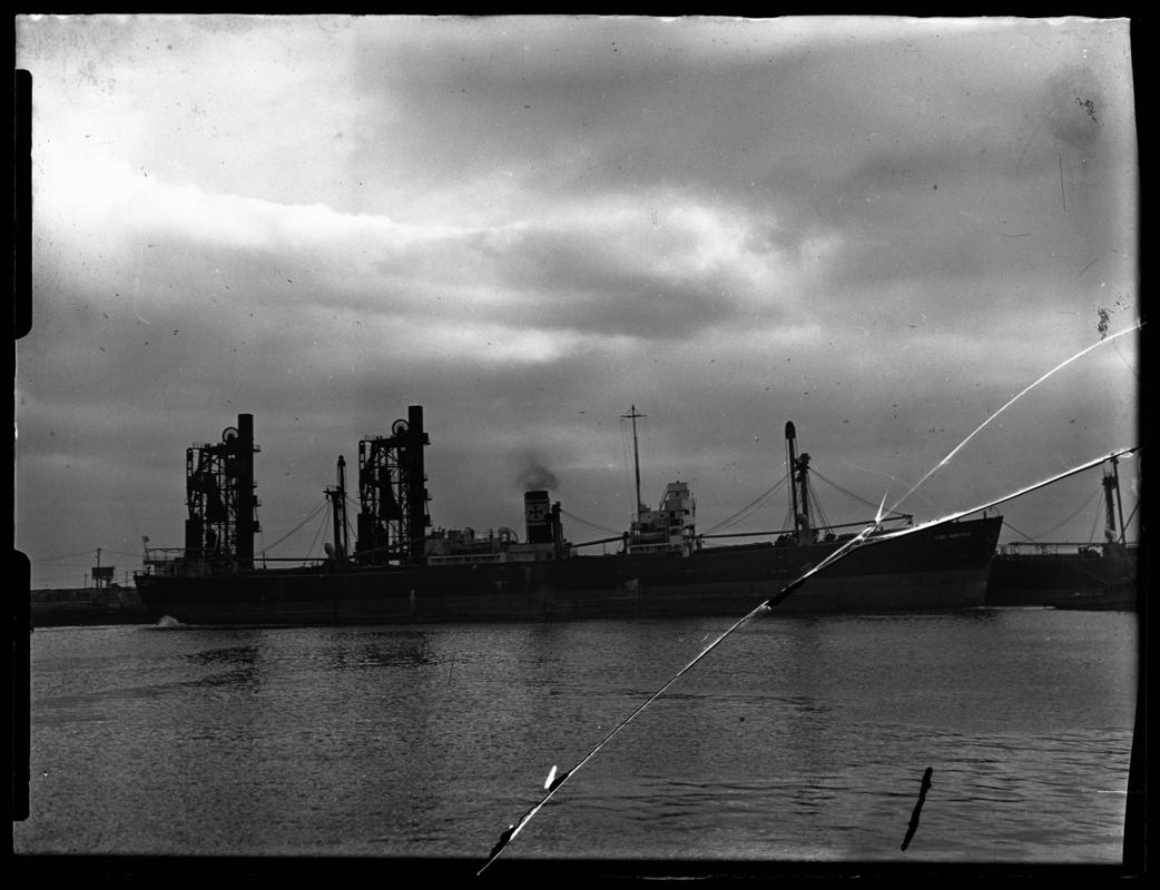 Starboard broadside view of S.S. FORT HIGHFIELD at Cardiff Docks, 23 December 1947.