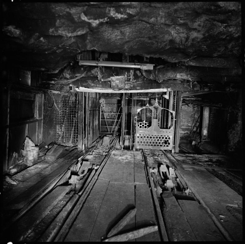 Black and white film negative showing Morlais Colliery pit bottom 1978, cut from sandstone, which needed no support.  &#039;Morlais&#039; is transcribed from original negative bag.