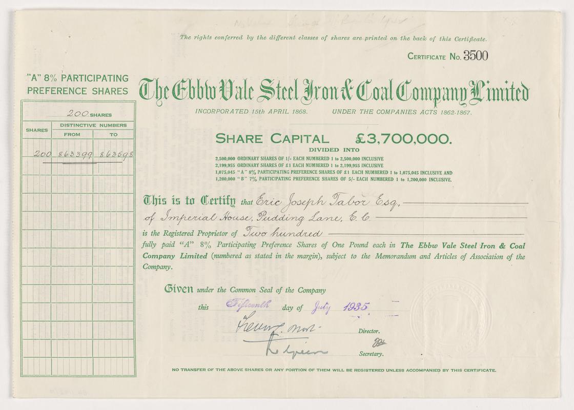 The Ebbw Vale Steel Iron and Coal Company Limited, £1 &#039;A&#039; 8% participating preference shares, 1935