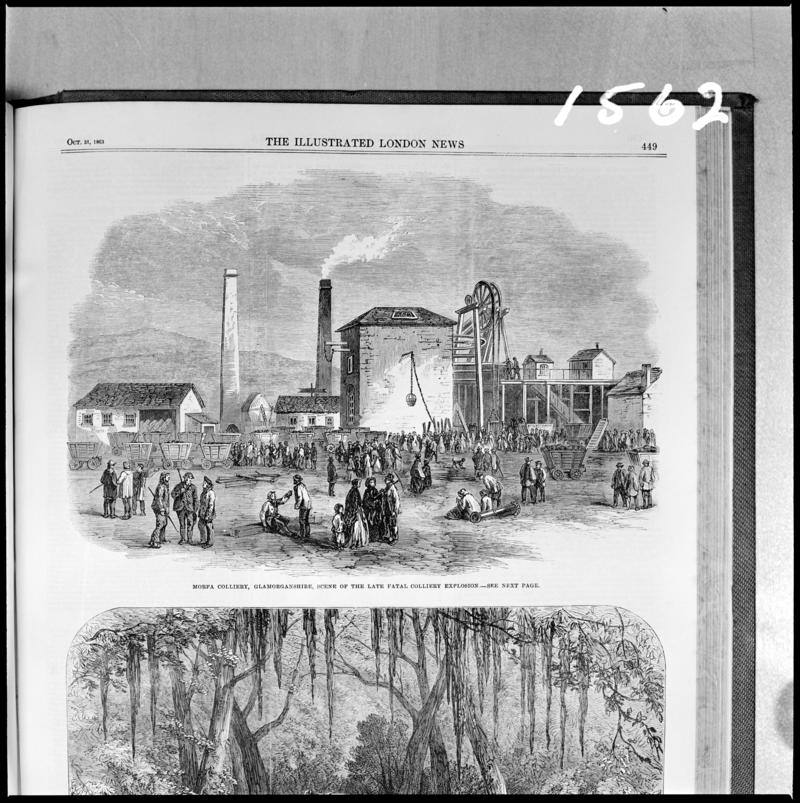 Black and white film negative showing the scene after the Morfa colliery explosion, photographed from &#039;The Illustrated London News&#039; publication which is dated October 1863.  &#039;Morfa 1863&#039; is transcribed from original negative bag.