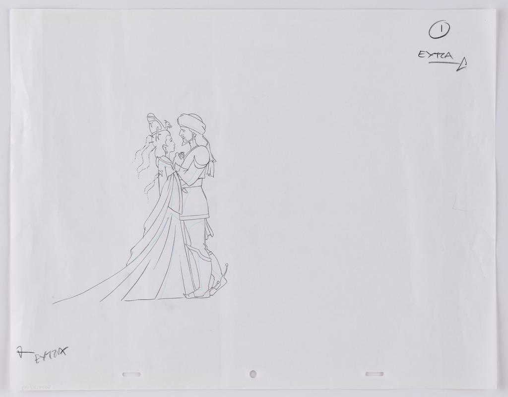 Turandot animation production sketch of the characters Turandot and Calaf.