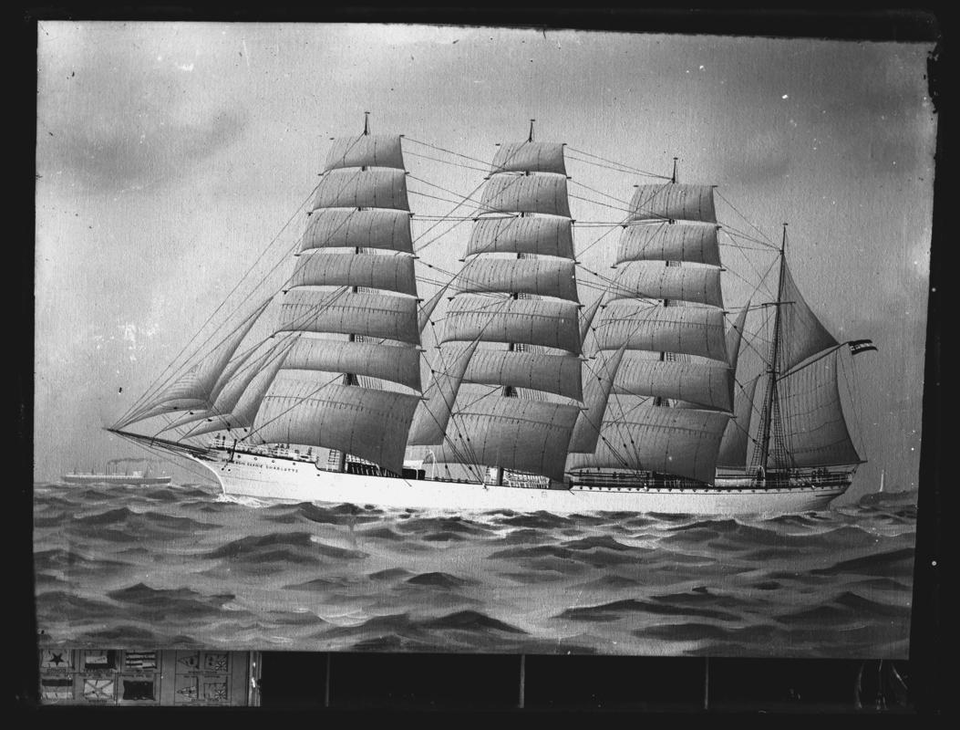 Photograph of a painting showing a port broadside view of the four-masted barque HERZOGIN SOPHIE CHARLOTTE of Bremen.