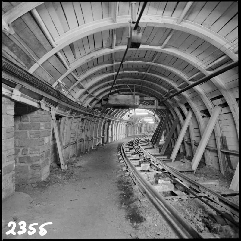 Black and white film negative showing an underground roadway, Merthyr Vale Colliery 2 July 1981.  &#039;2 Jul 1981&#039; is transcribed from original negative bag.  Appears to be identical to 2009.3/1853.