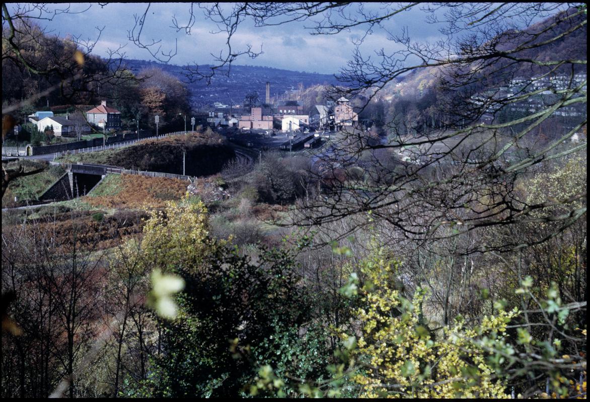 Colour film slide showing a distant view of Celynen South Colliery.