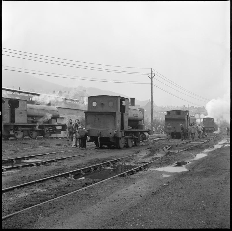Black and white film negative showing locomotives at the Mountain Ash locomotive sheds.  &#039;Mountain Ash locos&#039; is transcribed from original negative bag.
